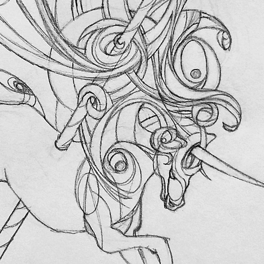 A pencil drawing of a stylized carousel horse.